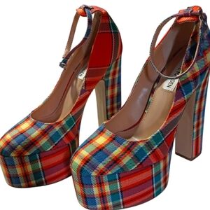 Steve Madden Skyrise Plaid Platform Multicolor Blocked Heels Shoes SZ 7M